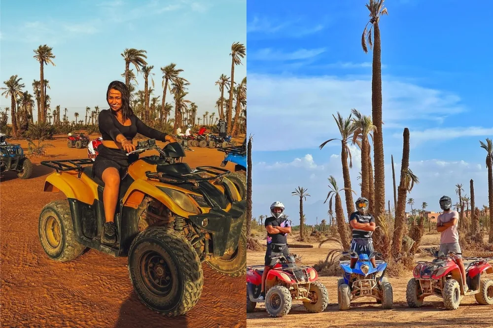 Quad dans la palmeraie de Marrakech avec les montagnes de l'Atlas en toile de fond