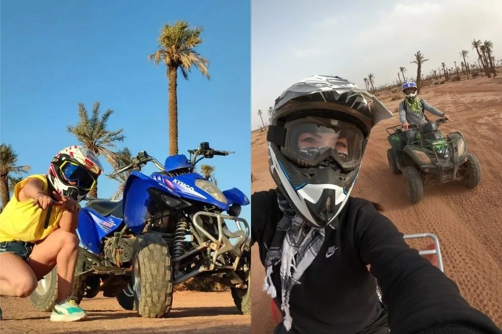 Groupe en quad traversant un village berbère de la palmeraie de Marrakech